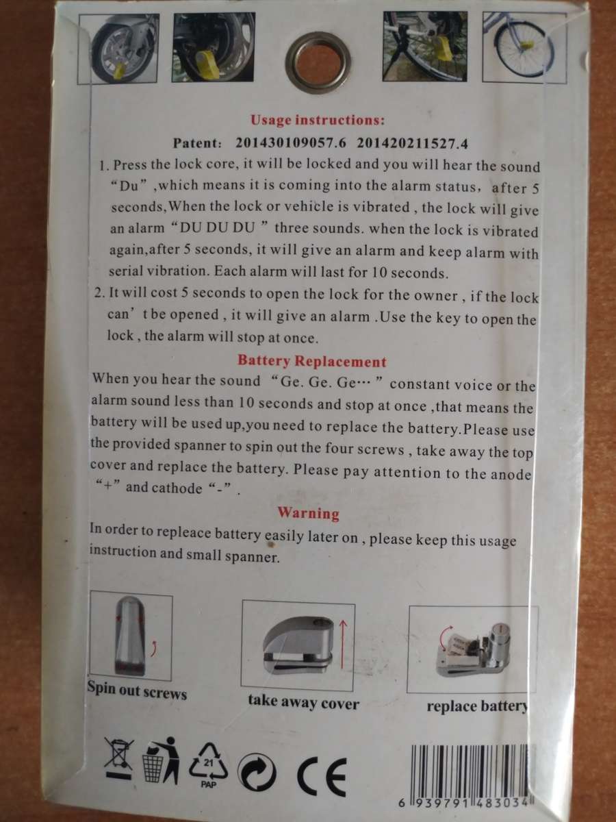 Crazy R1 Start! Alarm Brake Disc Lock 110dB - Waterproof